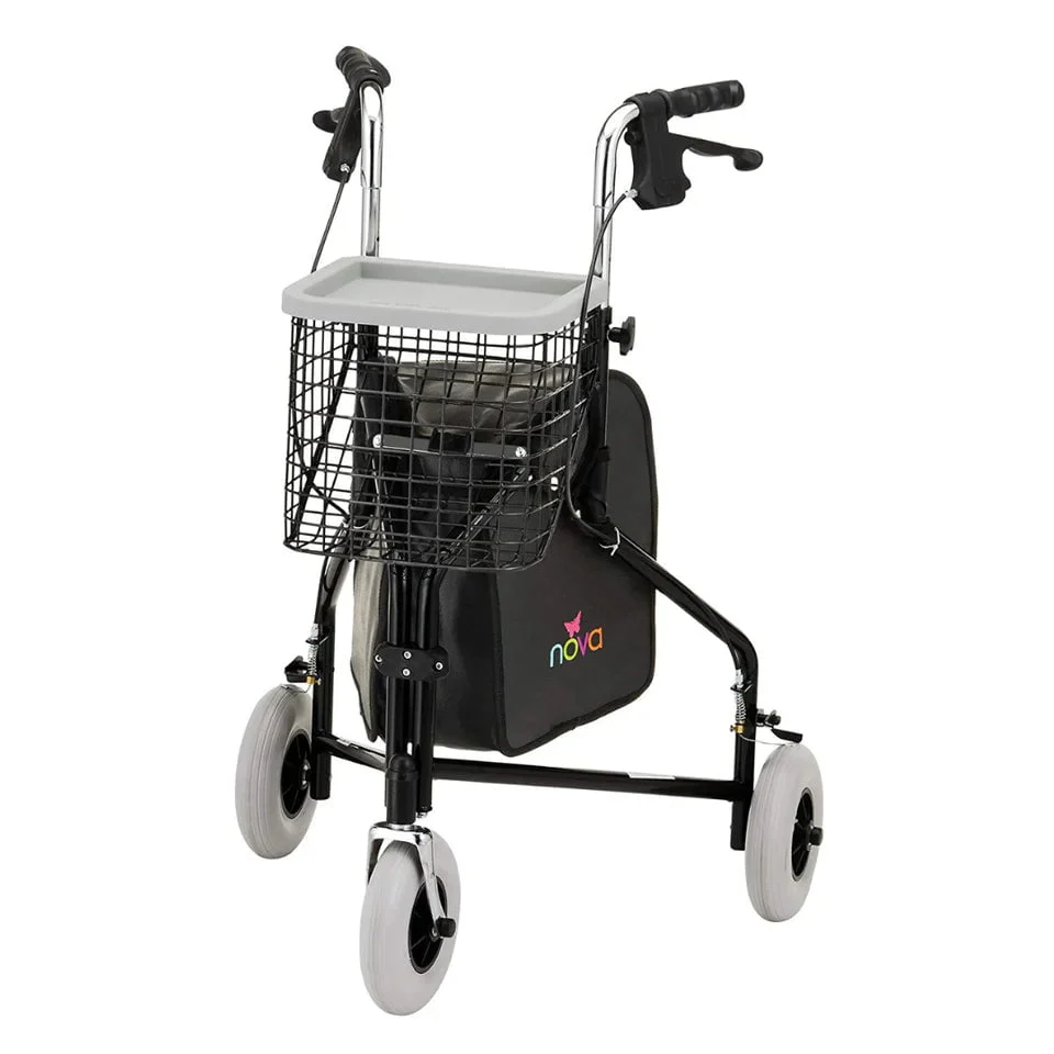 Nova Medical Traveller 3 Wheel Rollator Walker - 8” Wheels, Includes Bag, Basket and Tray in Black | Dignity Mobility