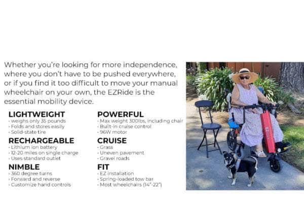 Customizable brake handles on the EZ Ride Wheelchair Power Assist Attachment, offering enhanced safety and ease for users with limited grip strength.