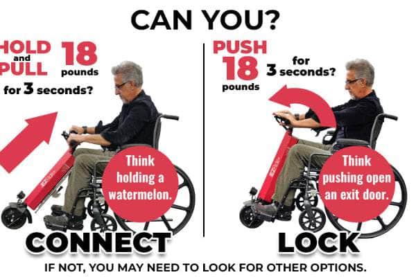 EZ Ride Wheelchair Power Assist Attachment with an adjustable headlight for enhanced visibility in low-light conditions.