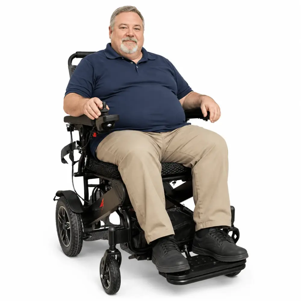 A larger rider sitting comfortably in the SkyHawk