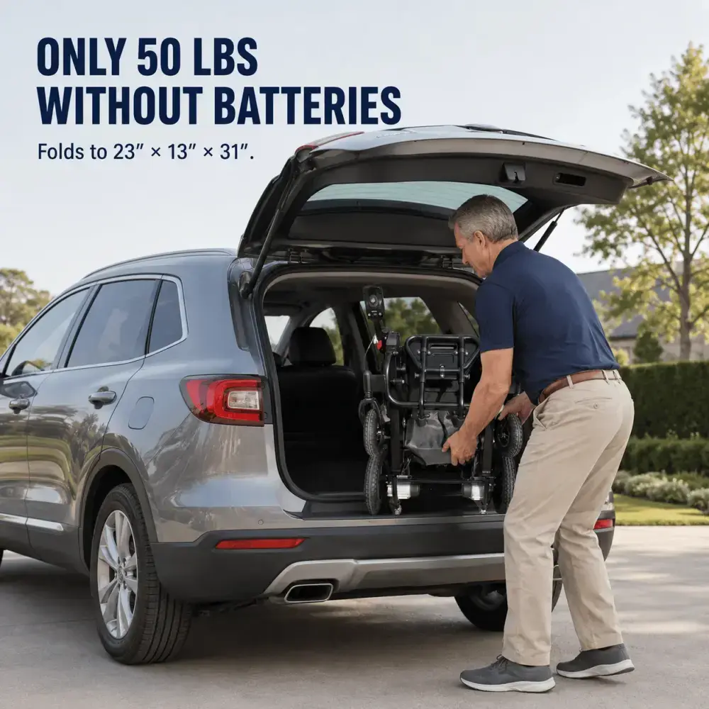 A man easily lifting the folded 50-pound SkyHawk into his SUV trunk