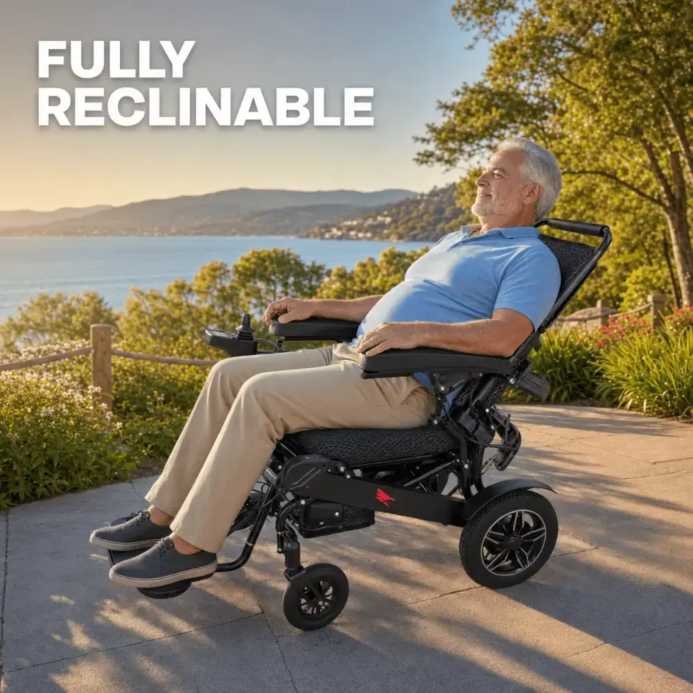 A rider fully reclined in the SkyHawk, relaxing outdoors by the water