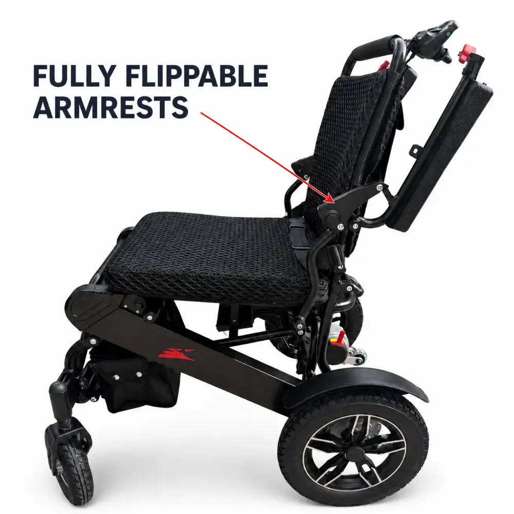 Side view showing the SkyHawk's fully flippable armrests