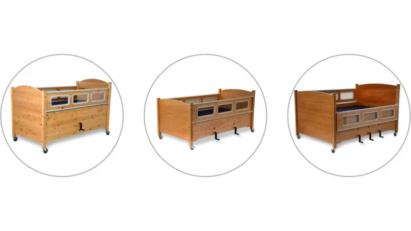 Wooden pediatric bed with safety rails, wheels, and storage drawer for children's comfort and safety