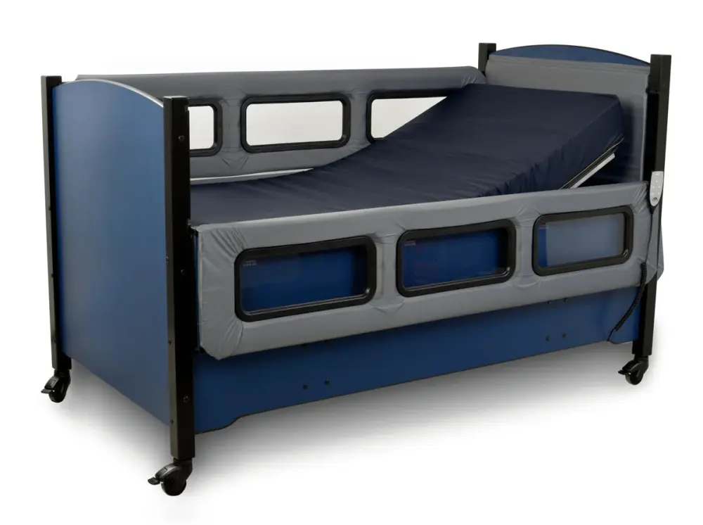 Adjustable blue therapeutic bed with safety rails and a navy mattress for comfort