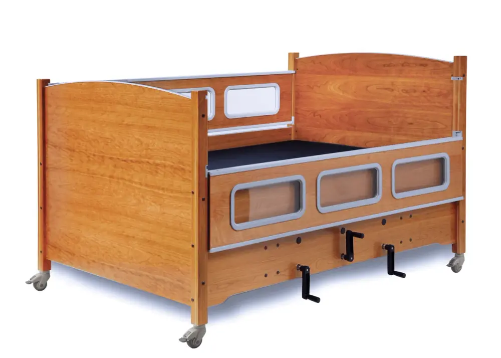 Durable wooden hospital bed with adjustable height and safety railings for patient care