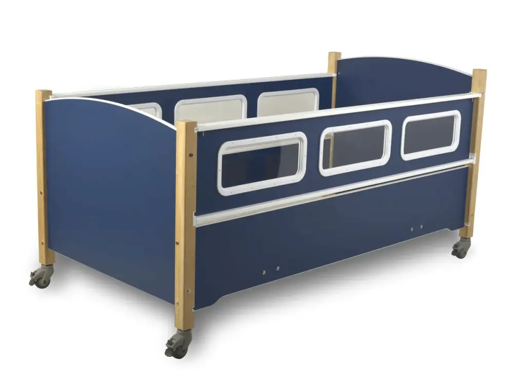 Durable blue toddler bed with safety windows and wooden frame on wheels