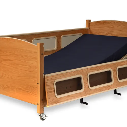 Adjustable wooden hospital bed with navy mattress and transparent side panels