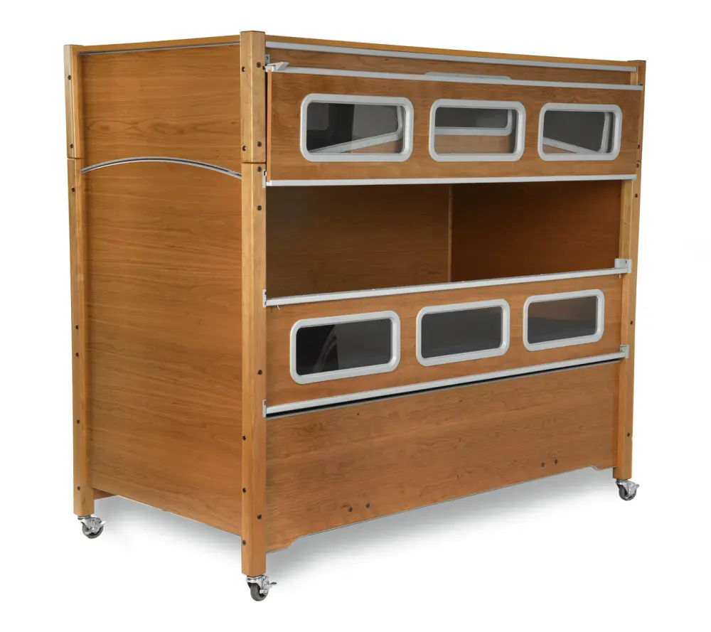 Wooden nursery storage cabinet with clear windows and wheels for mobility