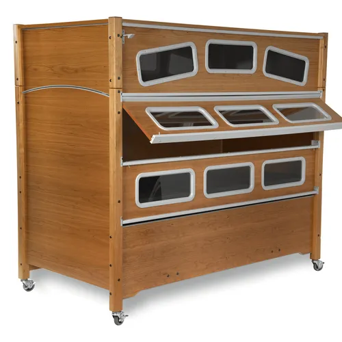 Wooden display cabinet with glass windows and rolling casters for easy mobility