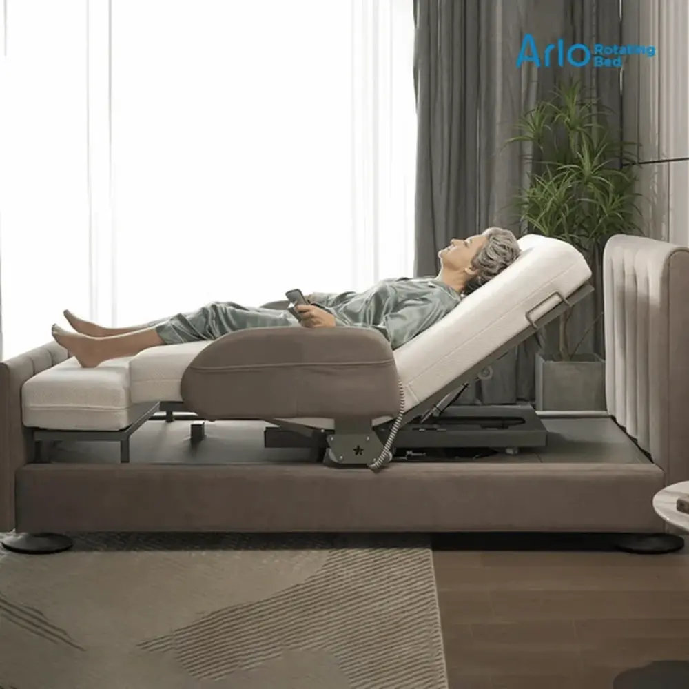 StarSleep Arlo rotating care bed for seniors performing one-touch 90 degree rotation to bedside