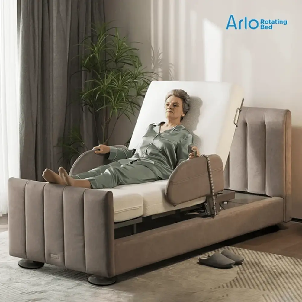 StarSleep Arlo rotating care bed placement diagram showing minimum 12 inch wall clearance
