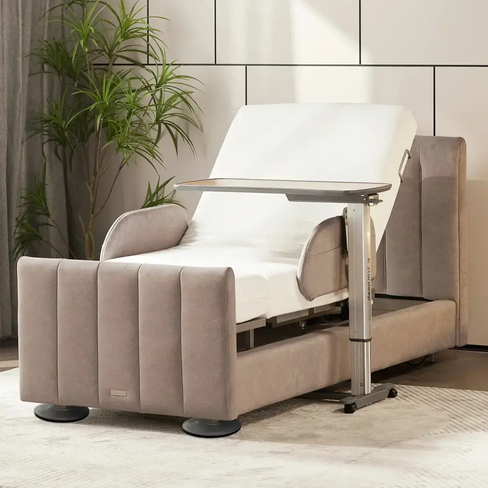 Motion Bed-Side Table rolling on smooth-glide locking casters