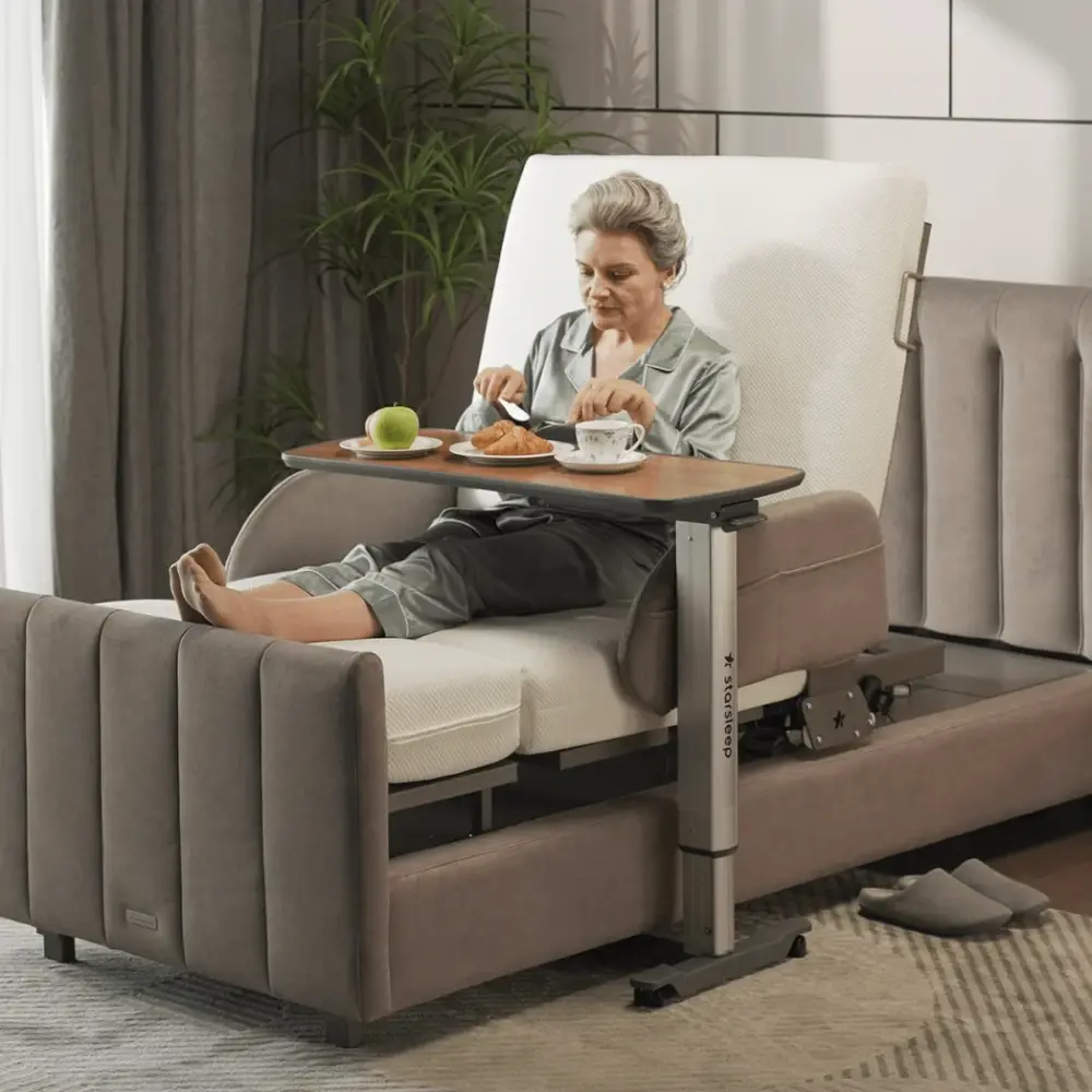 StarSleep Orin rotating bed showing 90-degree rotation and a safe seated exit