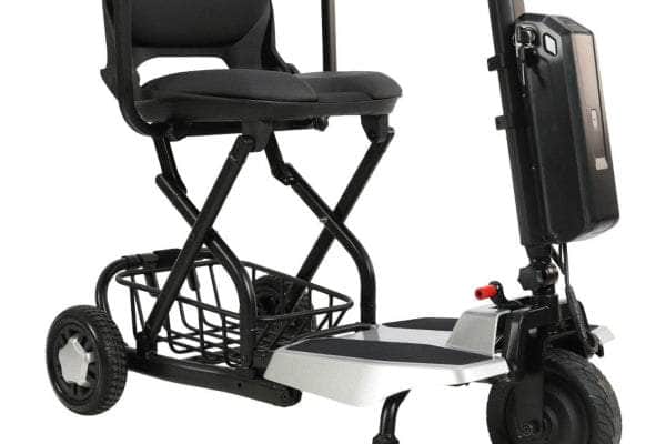Super Light Flight Mobility Scooter with under-seat storage basket for convenient carrying of personal items.