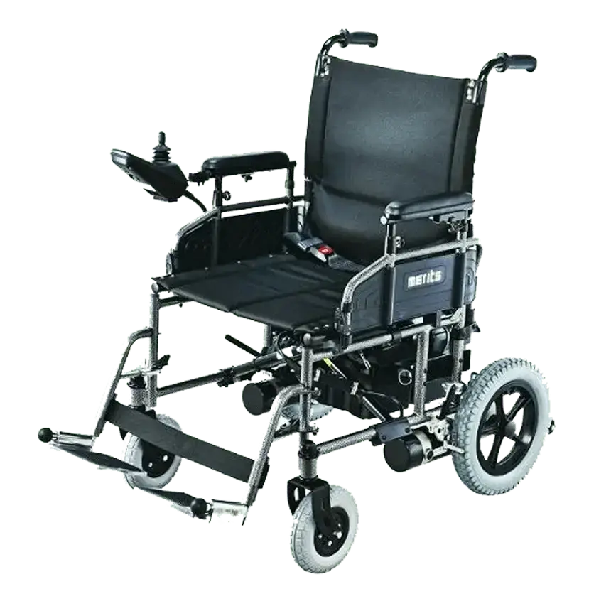 Compact electric wheelchair with adjustable seating and durable design for mobility.