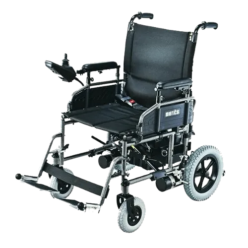 Compact electric wheelchair with adjustable seating and durable design for mobility.