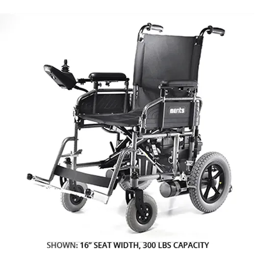 Electric wheelchair with a 16-inch seat width and 300 lbs capacity for enhanced mobility and comfort.